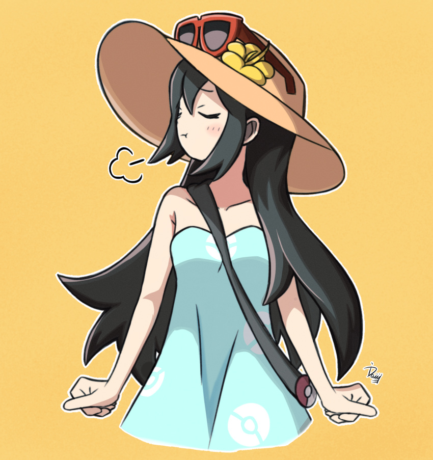 1girl =3 blue_dress closed_eyes closed_mouth dress eyewear_on_headwear flower hair_between_eyes hair_over_shoulder hat hat_flower highres ida_(idalol490) long_hair pokemon pokemon_(game) pokemon_sm pout sightseer_(pokemon) single_bare_shoulder sleeveless sleeveless_dress solo strapless strapless_dress sun_hat sundress upper_body yellow_background