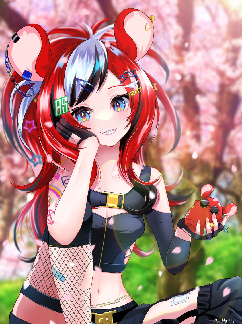 1girl absurdres animal_ears arm_tattoo bandaid bandaid_on_leg black_hair black_shorts black_tube_top breasts cherry_blossoms detached_sleeves fingerless_gloves gloves hair_ornament hakos_baelz hakos_baelz_(3rd_costume) head_rest heart heart_tattoo highres hololive hololive_english lily_lily long_hair medium_breasts midriff mouse mouse_ears mouse_girl mouse_on_hand mr._squeaks_(hakos_baelz) multicolored_hair navel number_hair_ornament red_hair short_shorts shorts shoulder_tattoo single_fishnet_legwear single_sleeve smile solo star_(symbol) star_hair_ornament star_tattoo strapless streaked_hair tattoo torn_footwear tree tube_top twintails virtual_youtuber white_hair