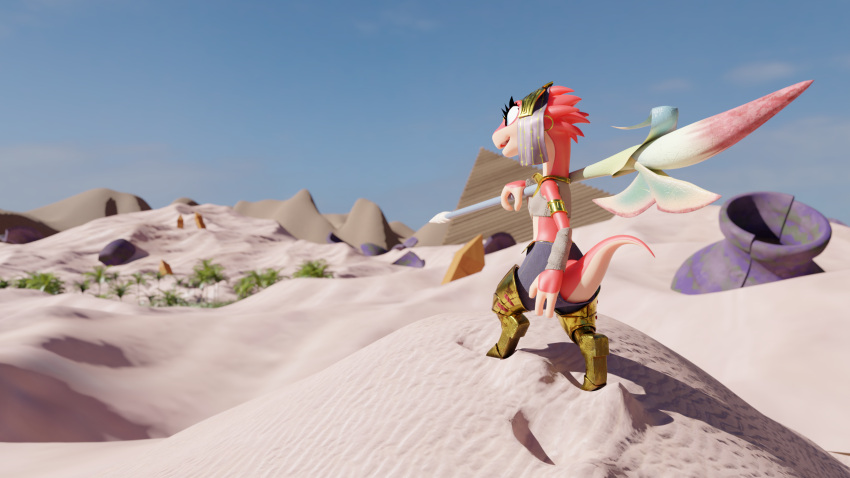 3d_(artwork) anthro arm_wraps armband armor blender_(software) blue_eyes clothed clothing desert digital_media_(artwork) doublestuffed drauk ear_piercing ever_oasis female headgear headwear hi_res holding_object holding_weapon legwear melee_weapon midriff miura nintendo piercing pink_body pink_scales polearm red_body red_scales sand scales scalie smile solo spear weapon wraps