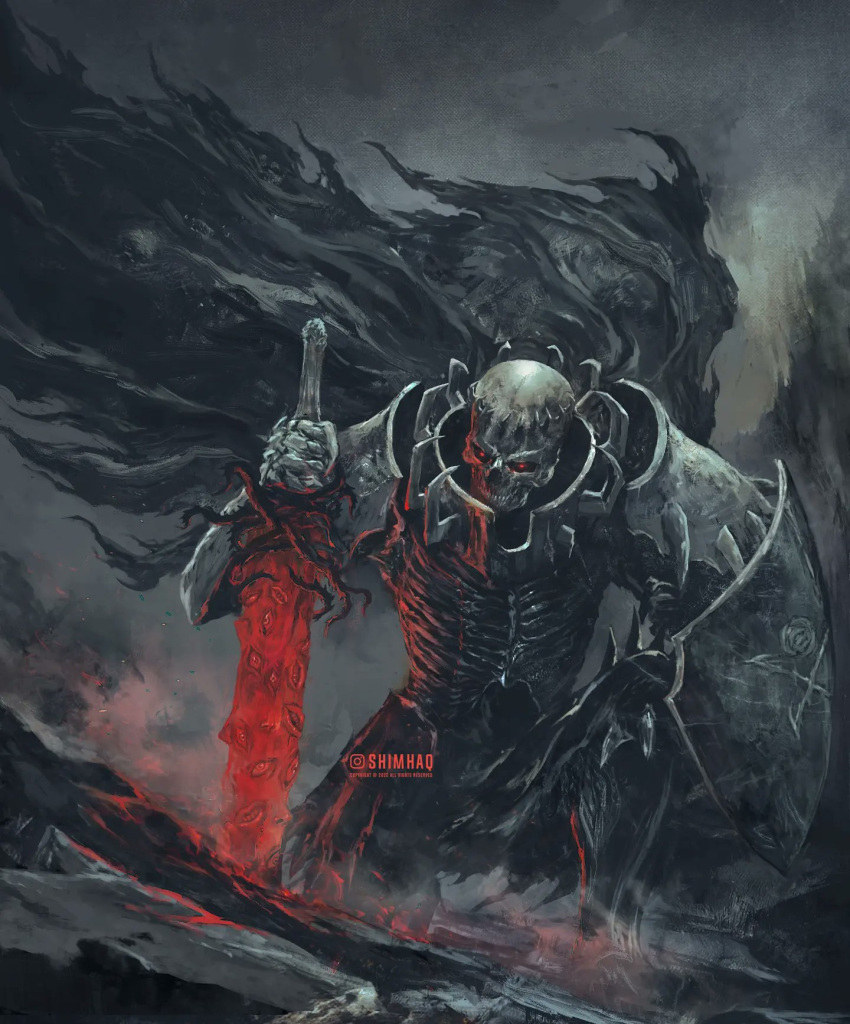 1boy armor berserk black_cloak cloak commentary english_commentary glowing glowing_eyes glowing_sword glowing_weapon highres holding holding_weapon instagram_username male_focus no_humans on_one_knee planted planted_sword red_eyes shield shimhaq shoulder_armor skeleton skull_knight_(berserk) solo sword sword_of_resonance thorns torn_cloak torn_clothes weapon