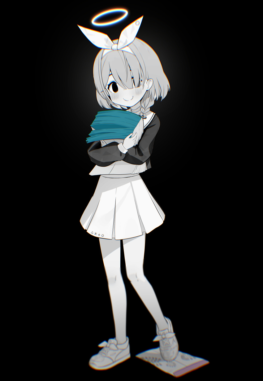 1girl absurdres arona_(blue_archive) blue_archive blush braid choker empty_eyes envelope footprints full_body greyscale hair_between_eyes hair_over_one_eye hairband halo highres holding holding_envelope long_sleeves looking_at_viewer monochrome patanda sailor_collar school_uniform serafuku shoes short_hair side_braid simple_background skirt smile sneakers solo spot_color standing