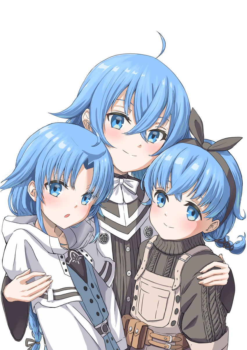 3girls ahoge blue_eyes blue_hair braid highres lara_greyrat lily_greyrat long_braid mother_and_daughter multiple_girls mushoku_tensei roxy_migurdia syagare upper_body white_background