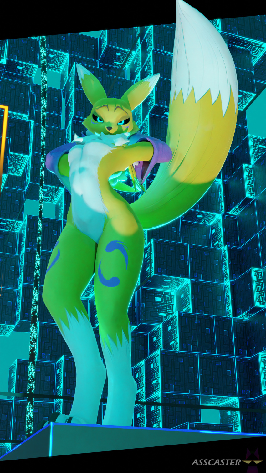 3d_(artwork) absurd_res anthro asscaster bandai_namco big_tail black_sclera blender_(software) blue_eyes breasts digimon digimon_(species) digital_media_(artwork) female fur hi_res looking_at_viewer pinup pose renamon slim small_breasts solo tagme tail white_body white_fur yellow_body yellow_fur