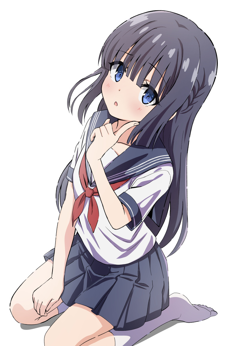 1girl absurdres artina blue_eyes blush braid highres long_hair makinohara_shouko neckerchief pleated_skirt sailor_collar school_uniform seishun_buta_yarou serafuku shirt simple_background sitting skirt solo wariza white_background white_shirt