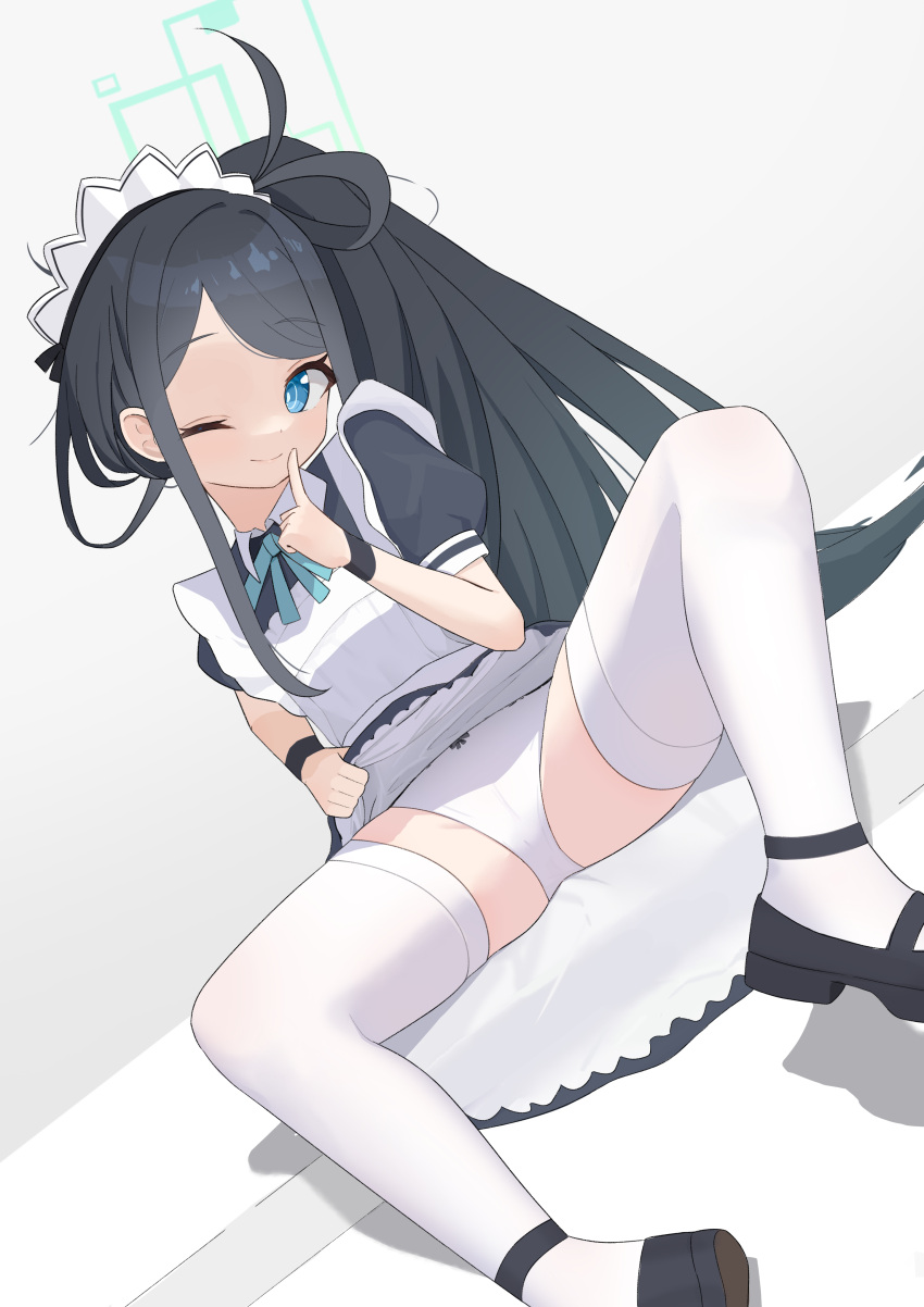 1girl absurdres apron aris_(blue_archive) aris_(maid)_(blue_archive) black_dress black_footwear black_hair black_wristband blue_archive blue_bow blue_bowtie blue_eyes blue_halo bow bow_panties bowtie clothes_lift commentary_request dodo24850918 dress flat_chest hair_between_eyes halo hand_up highres index_finger_raised lifted_by_self long_hair looking_at_viewer maid_headdress official_alternate_costume one_eye_closed panties partial_commentary puffy_short_sleeves puffy_sleeves short_sleeves sidelocks sitting skirt skirt_lift smile solo spread_legs thighhighs thighs underwear very_long_hair white_apron white_background white_panties white_thighhighs