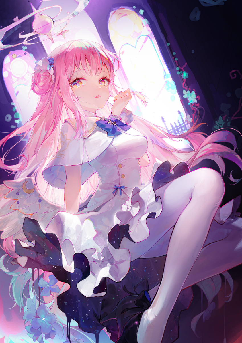 1girl absurdres blue_archive dress feathered_wings hair_bun halo happyongdal highres long_hair looking_at_viewer low_wings mika_(blue_archive) open_mouth pantyhose pink_hair single_side_bun solo white_dress white_pantyhose white_wings wings