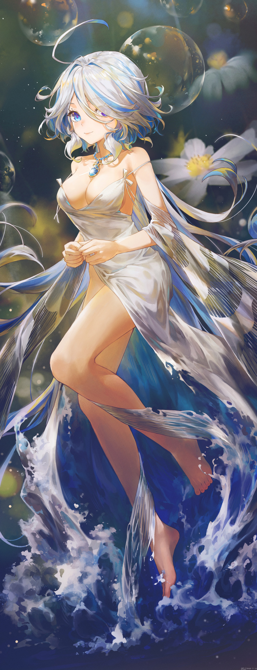 1girl absurdres ahoge artist_name bare_legs bare_shoulders barefoot blue_eyes blue_gemstone blue_hair breasts bubble chinese_commentary closed_mouth commentary_request dated double_strap_slip dress drop-shaped_pupils eyes_visible_through_hair feet floating_hair flower full_body furina_(genshin_impact) gem genshin_impact glint hair_between_eyes heterochromia highres jewelry long_hair looking_at_viewer medium_breasts mismatched_pupils multicolored_hair necklace pearl_necklace purple_eyes smile solo streaked_hair swkl:d toes very_long_hair water white_dress white_flower white_hair