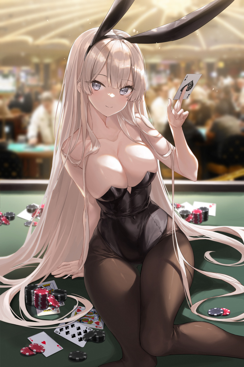 1girl absurdres animal_ears bare_shoulders black_leotard black_pantyhose blonde_hair blue_eyes blurry blurry_background breasts card casino collarbone commentary_request covered_navel gambling highres holding holding_card kuro_(rudyan0128) leotard long_hair medium_breasts on_table original pantyhose playboy_bunny poker_chip rabbit sitting sitting_on_table smile solo strapless strapless_leotard table very_long_hair