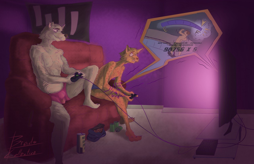 anthro barefoot beverage_can biped bodily_fluids brad's_collective canid canine canis catanddog36 cheetah chips_(food) claws clothed clothing comic controller cutaway detailed_background duo english_text eyebrows feces feces_bulge feet felid feline food game_console game_controller inside male mammal rumbling_stomach scat signature sitting_on_cough soiling_bottomwear sweat teeth television text toe_claws topless wolf