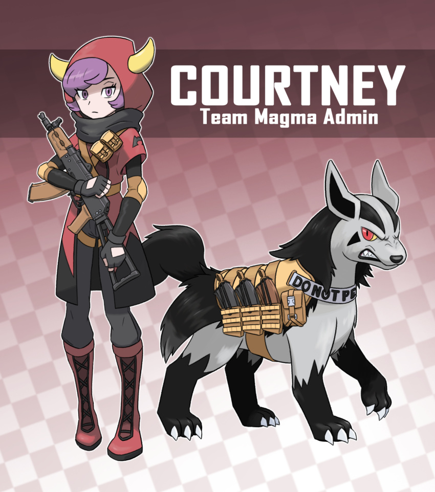 1girl belt black_gloves black_pants boots character_name courtney_(pokemon) english_text fingerless_gloves gloves gun highres holding holding_gun holding_weapon hood horned_hood horns knee_boots looking_at_viewer mightyena pants pokemon pokemon_(creature) pokemon_(game) pokemon_oras purple_eyes purple_hair red_footwear short_hair thegraffitisoul weapon