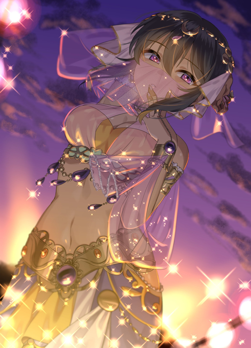 1girl absurdres amedama_304 arabian_clothes arm_behind_head arm_up armlet bare_shoulders black_hair blush bracelet breasts circlet cleavage dark-skinned_female dark_skin gem hair_between_eyes harem_outfit highres idolmaster idolmaster_cinderella_girls idolmaster_cinderella_girls_starlight_stage jewelry large_breasts mouth_veil natalia_(idolmaster) navel official_alternate_costume official_alternate_hairstyle open_mouth parted_lips purple_eyes see-through short_hair solo veil