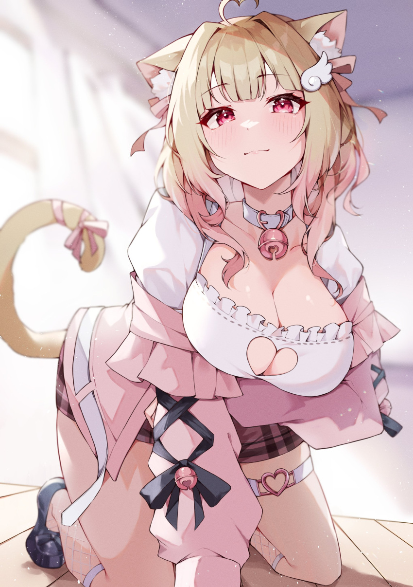 1girl absurdres ahoge all_fours animal_collar animal_ear_fluff animal_ears arm_support arm_under_breasts blonde_hair blunt_bangs blush breast_hold breasts brown_skirt cat_ears cat_girl cat_tail center-flap_bangs cleavage cleavage_cutout closed_mouth clothing_cutout collar commission cross-laced_clothes cross-laced_sleeves double-parted_bangs fishnet_socks fishnets frilled_shirt frills gradient_hair hair_ornament_request hanging_breasts heart heart_ahoge heart_cutout highres indoors jacket kemomimi_refle! kneehighs kneeling large_breasts light_brown_hair long_hair looking_at_viewer misoni_(mi_so_ni_t) multicolored_hair nekoma_karin o-ring o-ring_thigh_strap pink_hair pink_jacket pleated_skirt red_eyes ribbon sagging_breasts shirt skeb_commission skirt smile socks solo sweater tail tail_ornament tail_ribbon thigh_strap virtual_youtuber white_socks white_sweater wing_collar wing_hair_ornament
