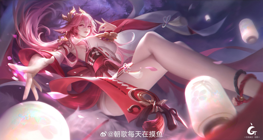 1girl absurdres animal_ears anklet bare_legs cherry_blossoms crossed_legs detached_sleeves falling_petals floating_hair fox_ears fox_shadow_puppet genshin_impact highres japanese_clothes jewelry lantern long_hair miko night parted_lips petals pink_eyes pink_hair solo yae_miko zhaoge