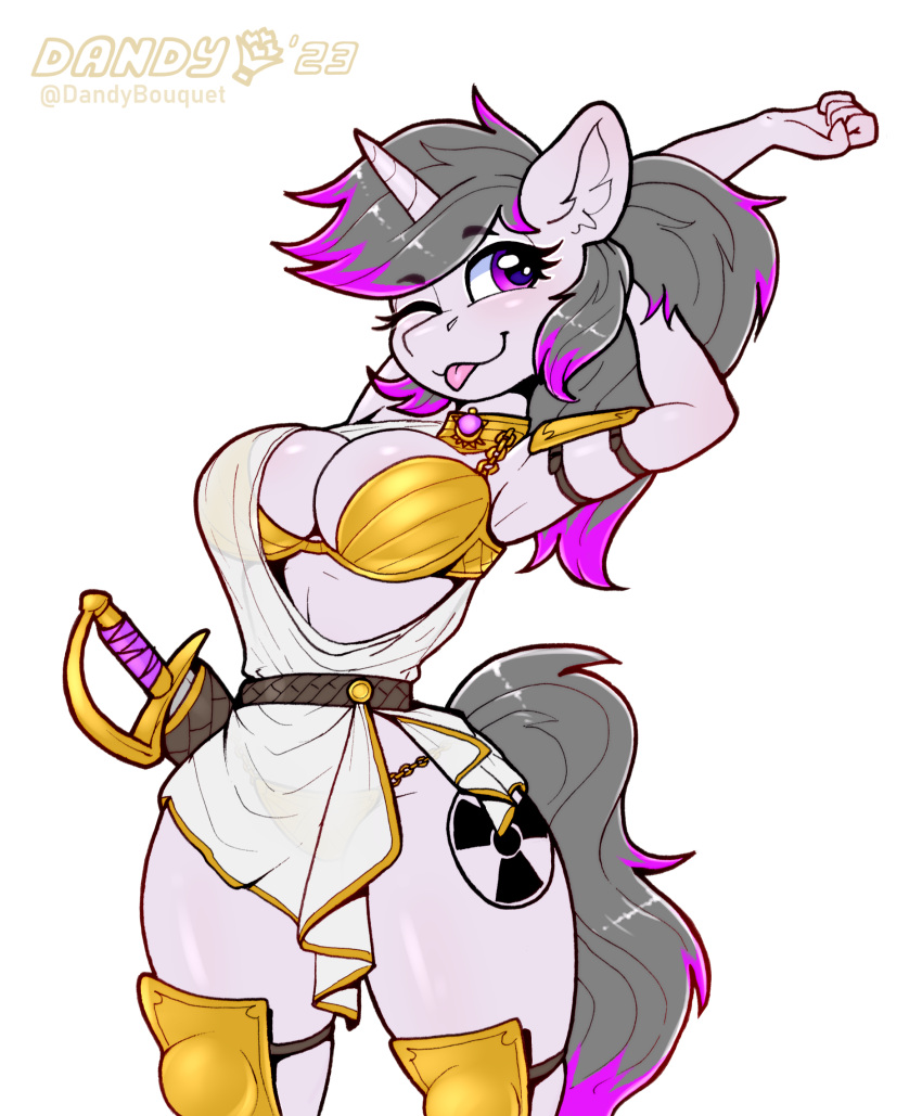 anthro armor belt big_breasts blep bra breasts cleavage clothed clothing cutie_mark dandy_(artist) equid equine eyebrow_through_hair eyebrows eyelashes fan_character female glistening grey_hair hair hasbro hazel_radiate_(oc) hi_res highlights_(coloring) horn inner_ear_fluff looking_at_viewer mammal melee_weapon my_little_pony one_eye_closed ponytail purple_eyes purple_highlights smile solo sword tongue tongue_out translucent translucent_hair tuft underwear unicorn weapon wink