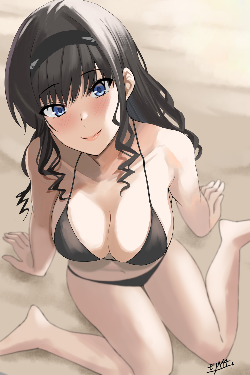 1girl absurdres amagami bare_shoulders barefoot bikini black_bikini black_hair black_hairband blue_eyes blush breasts cleavage collarbone commentary_request drill_hair from_behind hairband highres large_breasts long_hair looking_at_viewer mori_heichi morishima_haruka navel sand sitting smile solo swimsuit wariza