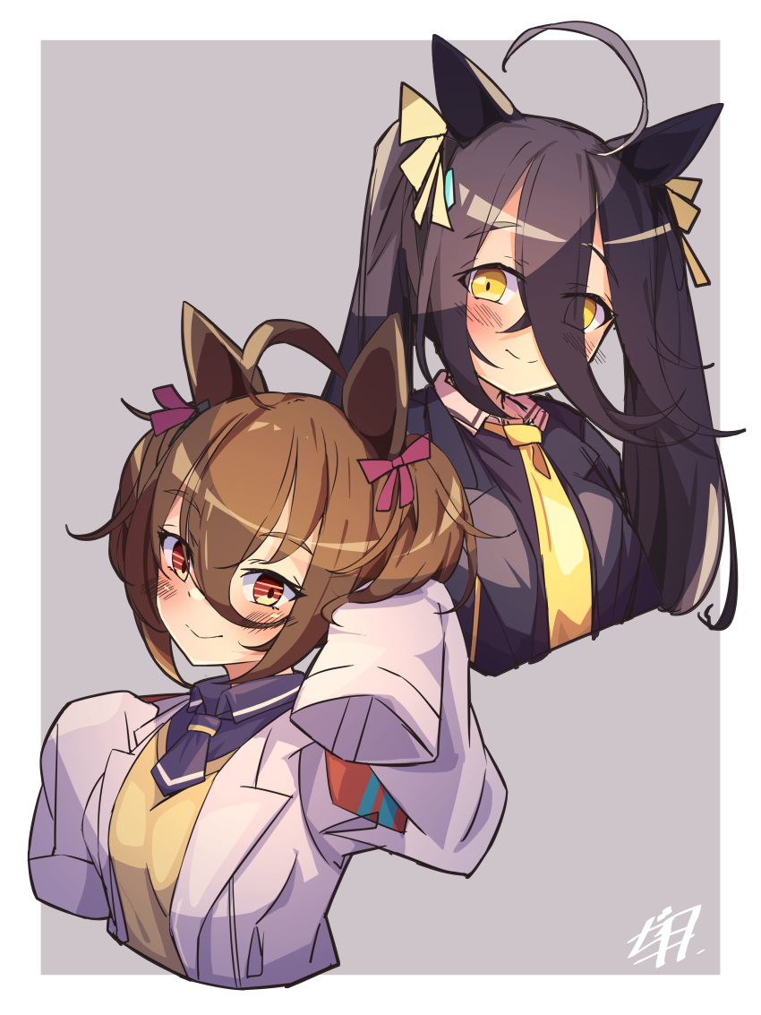 2girls absurdres agnes_tachyon_(umamusume) ahoge alternate_hairstyle animal_ears black_hair black_jacket black_necktie blush border brown_hair closed_mouth collared_shirt commentary_request earrings grey_background hair_between_eyes highres horse_ears horse_girl jacket jewelry lab_coat long_hair looking_at_viewer manhattan_cafe_(umamusume) medium_hair multicolored_hair multiple_girls necktie red_eyes shirt signature simple_background single_earring sleeves_past_fingers sleeves_past_wrists smile streaked_hair sweater_vest twintails twintails_day umamusume upper_body white_border white_hair woruta_(soloistlist) yellow_eyes yellow_necktie yellow_sweater_vest