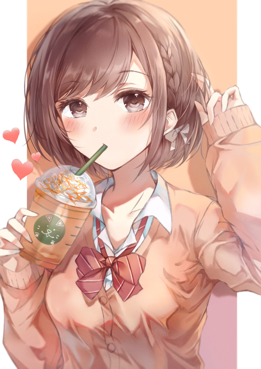 1girl blush bow bowtie brown_cardigan brown_eyes brown_hair cardigan collarbone commentary cup disposable_cup drink drinking drinking_straw drinking_straw_in_mouth highres holding holding_cup holding_drink kamiyama_high_school_uniform_(project_sekai) long_sleeves looking_at_viewer namamake project_sekai red_bow red_bowtie revision school_uniform shinonome_ena shirt short_hair solo white_shirt