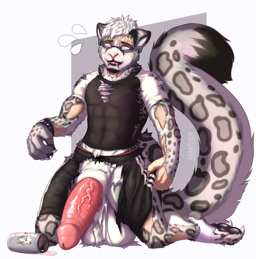 anthro balls big_balls big_penis biped blue_eyes changed_(video_game) claws clothed clothing eyebrows felid fingers fur genitals grey_body grey_fur hi_res huge_balls huge_penis human_to_anthro jazzaaro male mammal mid_transformation pantherine penis snepsi snow_leopard solo species_transformation tail torn_clothing transformation vein veiny_penis