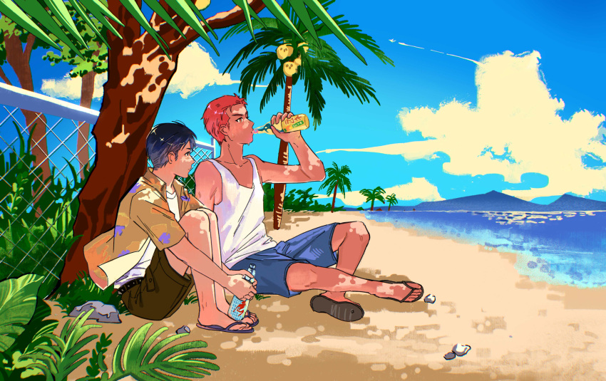 2boys absurdres beach belt black_belt black_hair blue_shorts blue_sky bottle brown_shorts chain-link_fence coconut contrail drinking fence from_side hawaiian_shirt highres holding holding_bottle knees_up male_focus mito_youhei multiple_boys orange_hair palm_tree rock sakuragi_hanamichi sandals shirt shore short_hair shorts sitting sky slam_dunk_(series) tank_top tree white_shirt zosunn