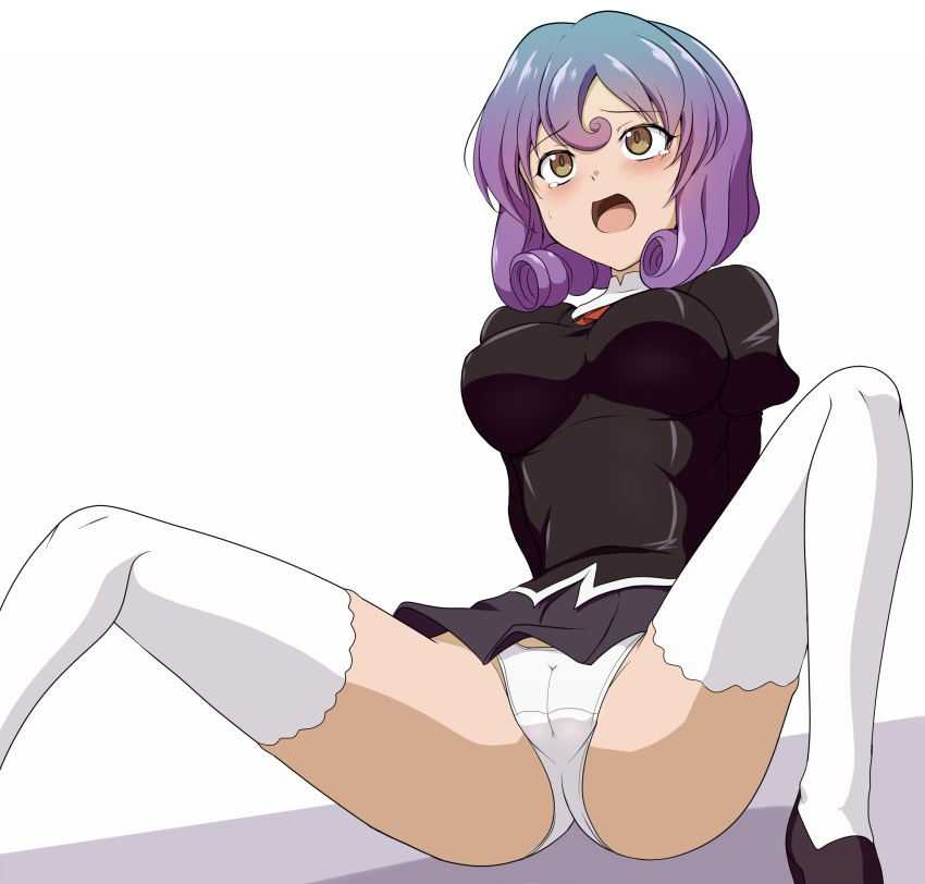 1girl agent_aika aika_(series) ascot black_delmo black_delmo_leader black_jacket black_skirt bob_cut breasts brown_eyes cameltoe clam_curry commentary_request crotch_seam delmogeny_uniform highres jacket juliet_sleeves long_sleeves medium_breasts panties pleated_skirt puffy_sleeves purple_hair red_ascot short_hair sitting skirt solo spread_legs thighhighs underwear uniform white_panties