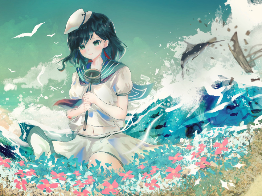 1girl bird cloud commentary english_commentary fish flower green_sailor_collar hat highres hishaku holding murasa_minamitsu navel neckerchief outdoors red_neckerchief remyaruku65 sailor_collar sailor_hat school_uniform serafuku skirt sky swordfish touhou white_headwear white_serafuku white_skirt