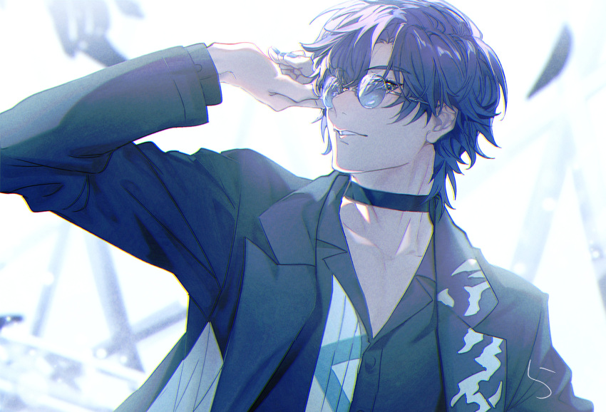 1boy absurdres adjusting_eyewear arm_at_side backlighting birdcage black_choker black_coat black_feathers black_shirt black_theme blue_eyes blue_hair blue_nails blue_theme blurry blurry_background buttons cage choker coat collarbone dark_blue_hair dress_shirt feathers fingernails grin hand_up highres kaito_(vocaloid) lapels limited_palette looking_at_viewer male_focus messy_hair parted_bangs parted_lips pectoral_cleavage pectorals profile project_sekai ra_okiba shirt sideways_glance smile striped striped_shirt teeth tsurime two-tone_shirt upper_body vertical-striped_shirt vertical_stripes vivid_bad_squad_(project_sekai) vivid_bad_squad_kaito vocaloid walk_on_and_on_(project_sekai)