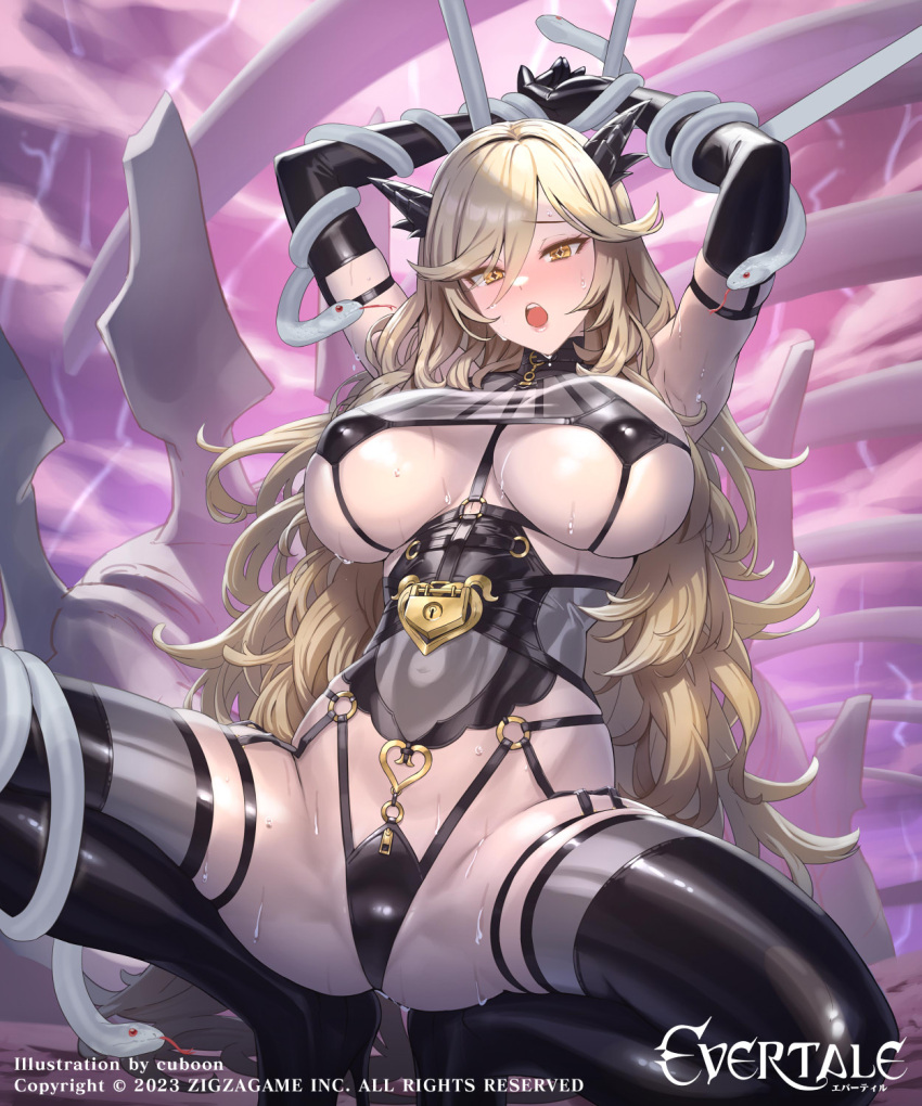 1girl animal blonde_hair breasts commentary_request cuboon evertale hair_ornament highres large_breasts leotard loki_(evertale) long_hair official_art open_mouth restrained simple_background snake solo squatting sweat sweatdrop underboob yellow_eyes