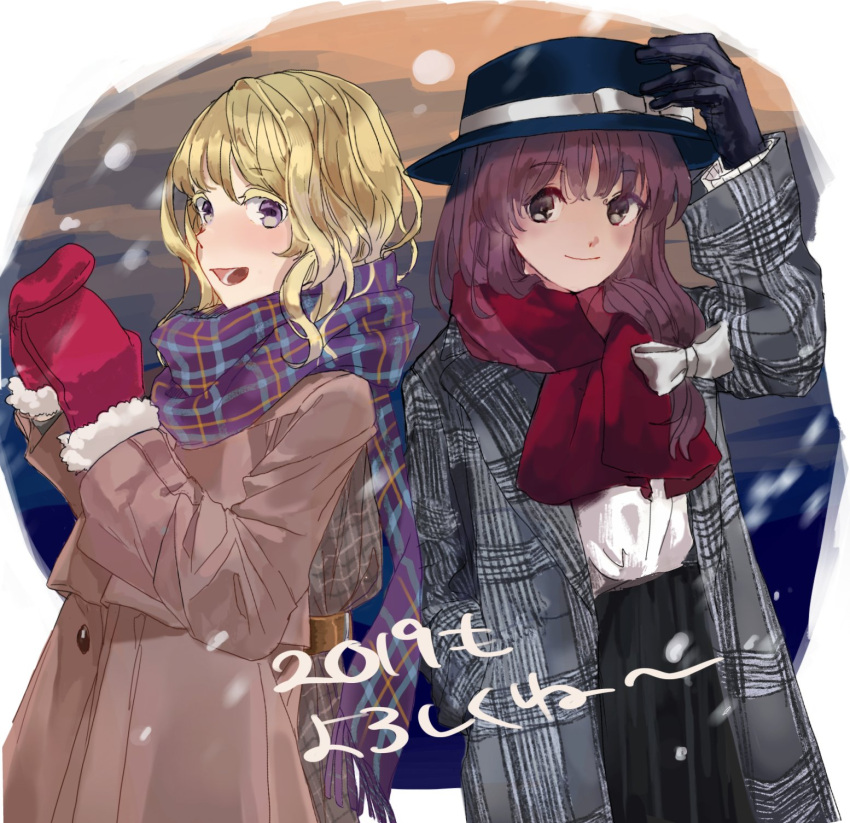 2girls black_gloves black_skirt blonde_hair brown_eyes brown_hair coat dated fedora fur-trimmed_mittens gloves grey_coat hand_in_pocket hat hawai-tari highres maribel_hearn mittens multiple_girls no_headwear plaid plaid_coat plaid_scarf purple_eyes purple_scarf red_mittens red_scarf scarf shirt skirt snow snowing touhou upper_body usami_renko white_shirt winter_clothes winter_coat