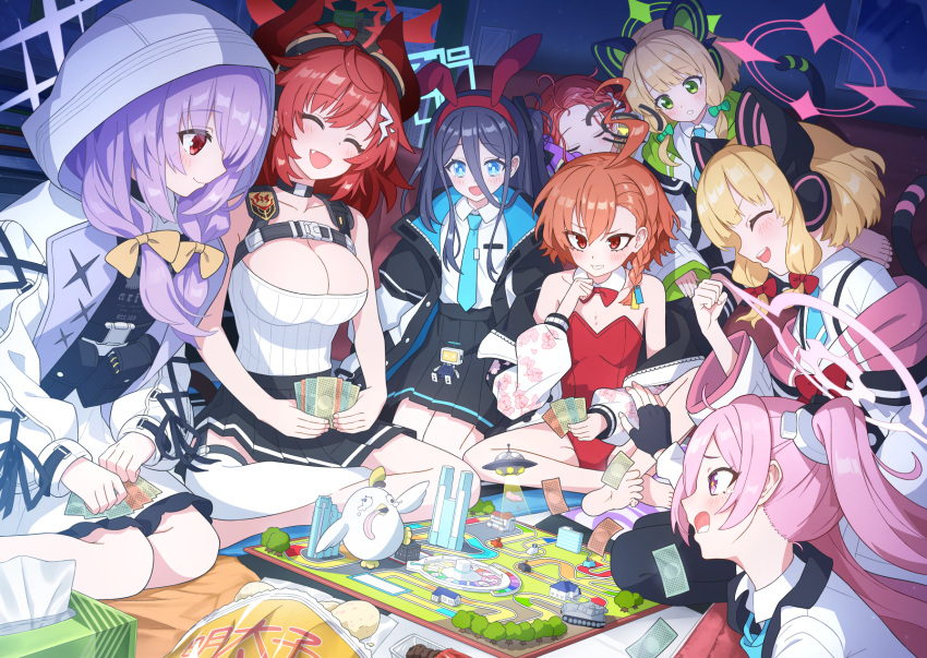 6+girls ahoge animal_ear_headphones animal_ears aris_(blue_archive) atsuko_(blue_archive) bare_shoulders black_hair black_jacket black_skirt blonde_hair blue_archive blue_eyes blue_halo blue_necktie blush board_game bow braid breasts cat_ear_headphones cat_tail chips_(food) clenched_hand closed_eyes commentary_request crossed_legs detached_collar fake_animal_ears fake_tail fang flat_chest food fuji_tarawi green_eyes green_halo hair_between_eyes hair_bow halo headphones highres hood hooded_jacket huge_breasts indian_style indoors jacket koyuki_(blue_archive) leotard long_hair low_tied_sidelocks megu_(blue_archive) midori_(blue_archive) momoi_(blue_archive) multiple_girls necktie neru_(blue_archive) neru_(bunny)_(blue_archive) open_clothes open_jacket open_mouth parted_lips peroro_(blue_archive) pink_eyes pink_hair pink_halo playboy_bunny playing_games pleated_skirt potato_chips purple_hair purple_halo rabbit_ears red_eyes red_hair red_halo red_leotard school_uniform seiza short_hair siblings side_braid single_braid sisters sitting skirt sleeping smile tail teeth thighhighs tissue tissue_box twins upper_teeth_only white_thighhighs yellow_bow yuzu_(blue_archive)