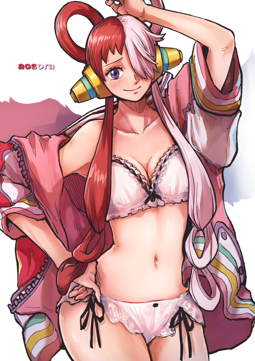 1girl aosora2823 arm_up artist_name asymmetrical_bangs asymmetrical_hair behind-the-head_headphones blush bra breasts cleavage closed_mouth collarbone commentary cowboy_shot frilled_bra frilled_panties frills hair_over_one_eye hair_rings hand_on_own_hip happy_birthday headphones highres jacket large_breasts looking_at_viewer multicolored_clothes multicolored_hair multicolored_jacket navel one_piece one_piece_film:_red open_clothes open_jacket panties pink_jacket purple_eyes red_hair short_hair_with_long_locks side-tie_panties sidelocks simple_background smile solo split-color_hair standing stomach two-tone_hair underwear uta_(one_piece) white_background white_bra white_hair white_panties