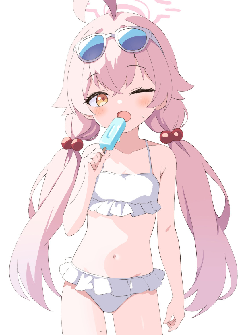 1girl ;o absurdres ahoge bare_shoulders bikini blue-framed_eyewear blue_archive blush commentary cowboy_shot eyewear_on_head food frilled_bikini frills hair_bobbles hair_ornament halo highres holding holding_food hoshino_(blue_archive) hoshino_(swimsuit)_(blue_archive) long_hair looking_at_viewer low_twintails official_alternate_costume one_eye_closed orange_eyes pink_hair pink_halo popsicle simple_background solo sunglasses sweatdrop swimsuit twintails very_long_hair white-framed_eyewear white_background white_bikini yukisiannn