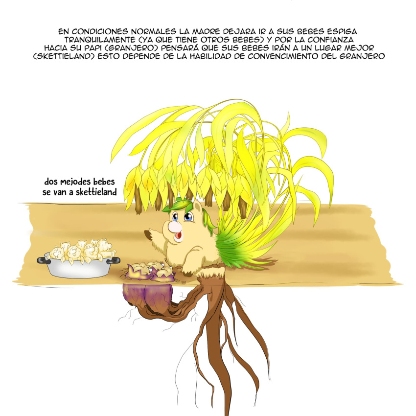1:1 ambiguous_gender baby_talk blue_eyes brown_body brown_fur dialogue elemental_creature feral flora_fauna fluffy_pony fluffy_pony_(species) fur green_hair group hair hi_res inshi metal_pot parent_(lore) parent_and_child_(lore) plant simple_background spanish_text text white_background