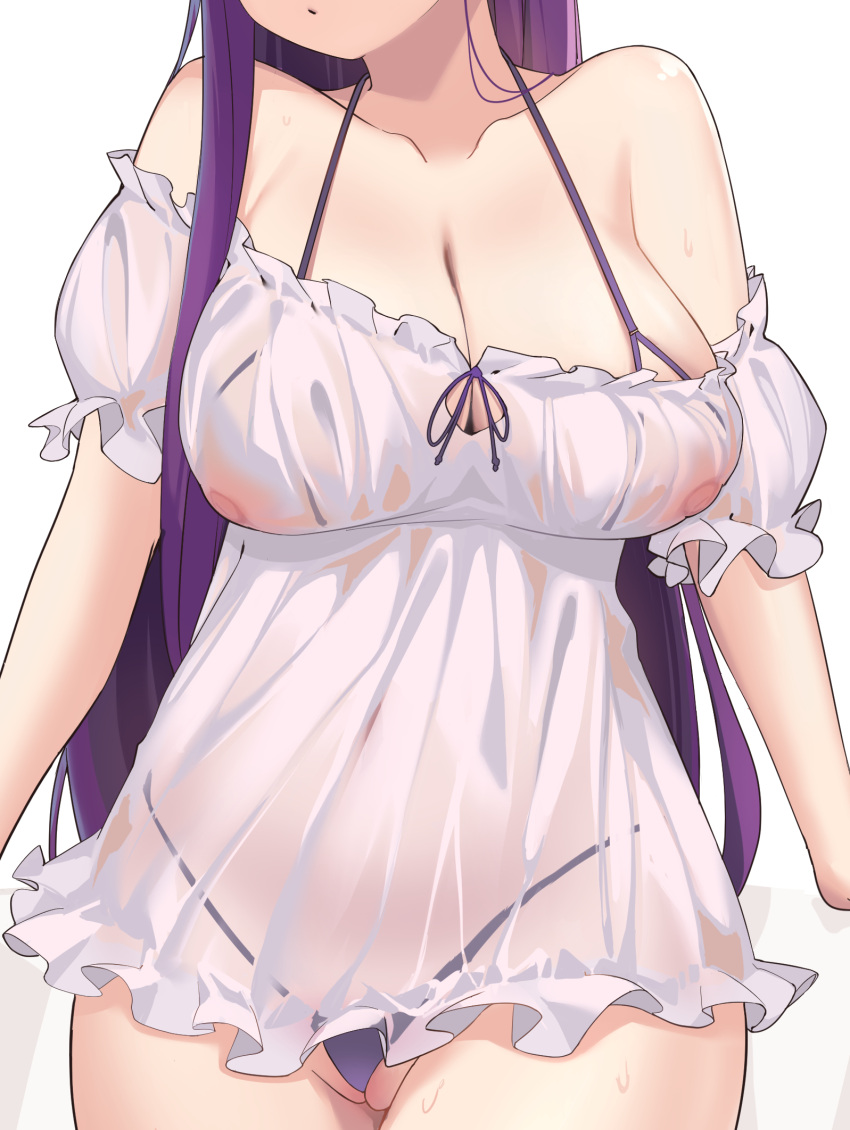 1girl breasts cleavage collarbone covered_navel covered_nipples dress fern_(sousou_no_frieren) frills head_out_of_frame highres huge_breasts lingerie long_hair panties partially_visible_vulva purple_hair purple_panties see-through see-through_dress shiroi_ume short_dress simple_background solo sousou_no_frieren thong underwear very_long_hair white_background white_dress