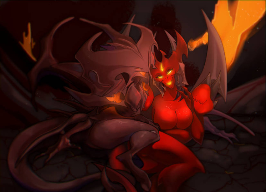 2022 breasts brown_body claws demon demon_humanoid duo female female/female finger_claws fingers glowing glowing_eyes hi_res horn humanoid lava long_tail looking_at_another membrane_(anatomy) membranous_wings red_body rock smile smiling_at_partner spacemaxmarine tail unguligrade unguligrade_feet unguligrade_humanoid unguligrade_legs wings