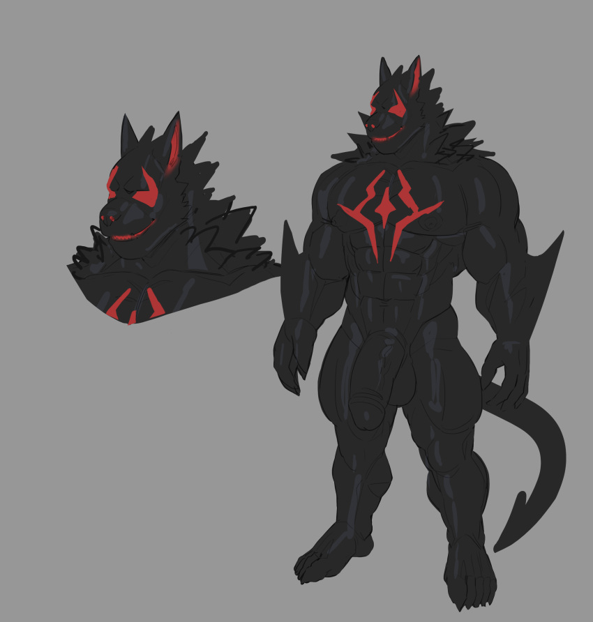 2023 abs absurd_res anthro arm_spikes biceps big_penis black_body black_skin chest_markings claws deltoids elbow_spikes finger_claws genitals hi_res male markings model_sheet muscular_thighs nipples nude obliques pecs penis red_eyes red_markings red_sclera solo spade_tail spikes spikes_(anatomy) standing symbiote tail takahirosi toe_claws