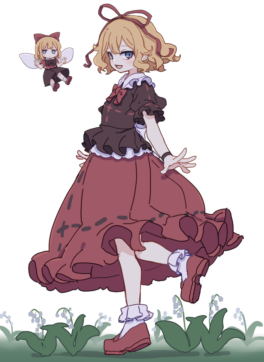 2girls absurdres black_shirt blonde_hair blue_eyes collared_shirt flower frilled_shirt_collar frilled_skirt frilled_sleeves frills full_body hair_ribbon highres kame_(kamepan44231) lily_of_the_valley medicine_melancholy multiple_girls open_mouth red_footwear red_ribbon red_skirt ribbon shirt shoes short_hair short_sleeves simple_background skirt smile socks su-san touhou white_background white_flower white_socks