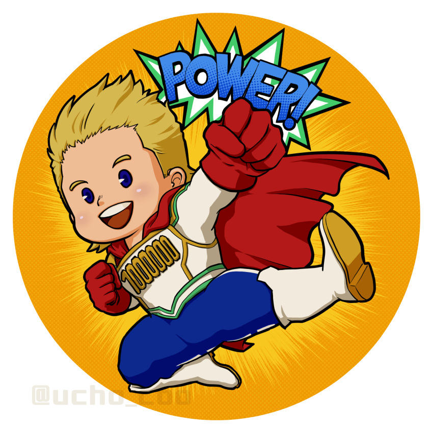 1boy blonde_hair blue_eyes bodysuit boku_no_hero_academia boots deformed english_text full_body highres kicking looking_at_viewer male_focus midair muscular muscular_male open_mouth pants short_hair smile solid_oval_eyes solo spiked_hair spread_legs superhero togata_mirio ucho_coo white_bodysuit