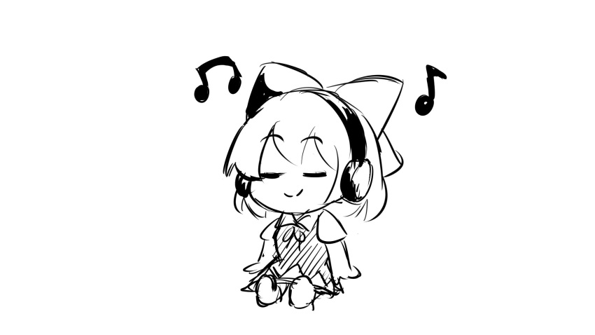 bow chibi cirno closed_eyes closed_mouth commentary dress english_commentary ferdy's_lab full_body greyscale hair_bow headphones highres monochrome musical_note short_hair short_sleeves sitting smile touhou