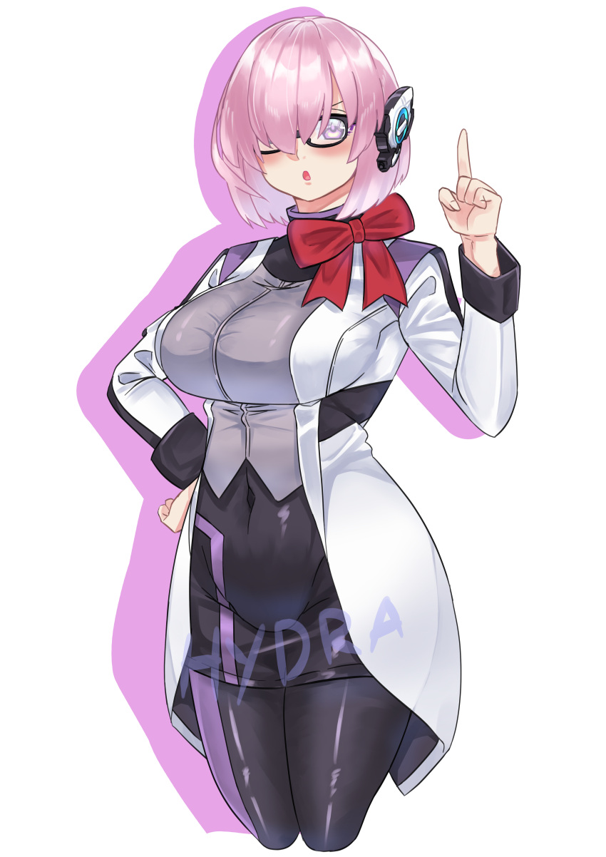 1girl :o absurdres android black_bow bob_cut bow breasts cosplay cowboy_shot crossover fate/grand_order fate_(series) glasses hair_over_one_eye hand_up highres humagear_headphones hydra_(mhydraaprilli) index_finger_raised is_(kamen_rider_01) is_(kamen_rider_01)_(cosplay) kamen_rider kamen_rider_01_(series) large_breasts long_bangs looking_at_viewer mash_kyrielight nail_polish open_mouth pantyhose pink_eyes pink_hair robot_ears signature simple_background skirt solo white_background