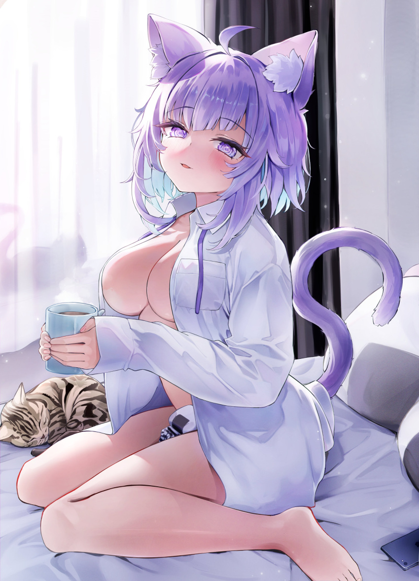 1girl absurdres ahoge animal_ears breasts cat cat_ears cat_tail cellphone highres hololive large_breasts long_sleeves looking_at_viewer naked_shirt nekomata_okayu nekomata_okayu_(4th_costume) nishiro_hato official_alternate_costume on_bed onigirya_(nekomata_okayu) open_clothes open_shirt phone purple_eyes purple_hair shirt smartphone solo tail virtual_youtuber white_shirt