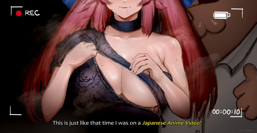 1boy 1girl battery_indicator black_dress breasts camera choker cleavage collared_shirt double_chin dress english_commentary english_text family fat fat_man fate/extra fate/grand_order fate_(series) hetero highres kowai_(iamkowai) large_breasts partially_unzipped peter_griffin recording shirt subtitled sweat sweating_profusely tamamo_(fate) tamamo_no_mae_(fate/extra) timestamp upper_body white_shirt