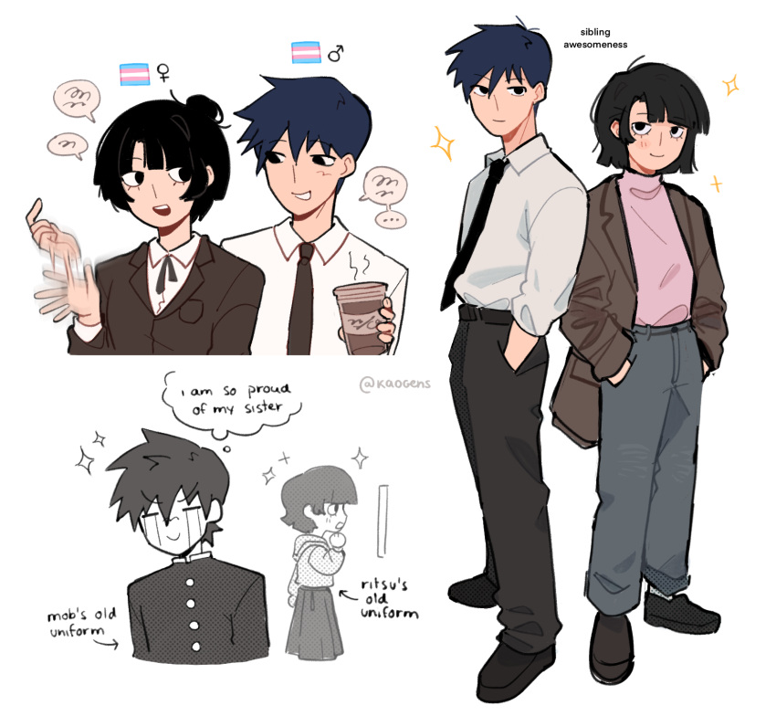 1boy 1girl black_eyes black_footwear black_hair black_necktie black_pants brother_and_sister brown_jacket closed_mouth coffee_cup collared_shirt commentary crying cup disposable_cup english_commentary english_text full_body gakuran gender_transitioning genderswap genderswap_(mtf) grey_pants hair_bun hands_in_pockets highres holding holding_cup jacket kageyama_ritsu kageyama_shigeo kaogens long_sleeves looking_at_another looking_at_viewer mars_symbol mob_psycho_100 multiple_views necktie open_mouth pants pink_shirt school_uniform serafuku shirt shoes short_hair siblings simple_background skirt smile standing thought_bubble transgender_flag venus_symbol white_background white_shirt