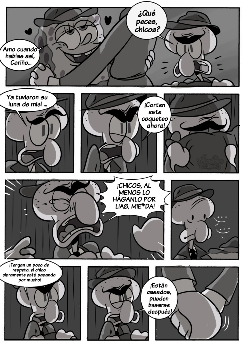 anthro cephalopod clothed clothing coleoid comic dialogue greyscale group hi_res male male/male marine mollusk monochrome nickelodeon octopodiform octopus on_model pancaketiffy sea_sponge spanish_text speech_bubble spongebob_squarepants spongebob_squarepants_(character) squidward_tentacles squilliam_fancyson text toony translation_check translation_request trio