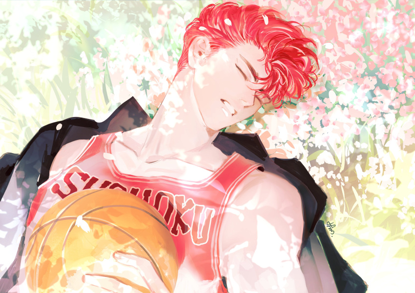 1boy absurdres ball basketball_(object) basketball_jersey bishounen black_eyes closed_eyes dappled_sunlight day falling_petals flower_bed gakuran hechu_237 highres holding holding_ball jacket jacket_partially_removed lying male_focus on_back outdoors petals pompadour red_hair red_tank_top sakuragi_hanamichi school_uniform short_hair slam_dunk_(series) sleeping solo sunlight tank_top toned toned_male