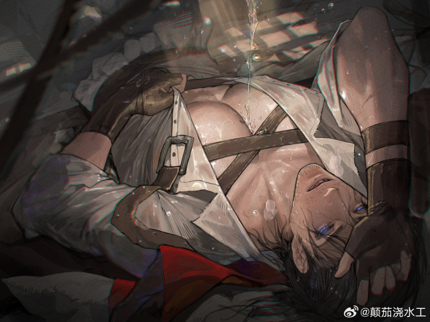 1boy adventurer_(ff14) bara beard_stubble between_pectorals blue_eyes chest_harness chinese_commentary eboda-x final_fantasy_xiv_dawntrail glowing glowing_eyes hair_slicked_back hand_on_own_forehead harness large_pectorals male_focus mature_male medium_hair mustache_stubble pectoral_cleavage pectoral_focus pectorals pouring scar scar_across_eye see-through solo sunlight thick_eyebrows upper_body upside-down warrior_of_light_(ff14) water weibo_logo weibo_username wet wet_clothes wet_hair window_shade