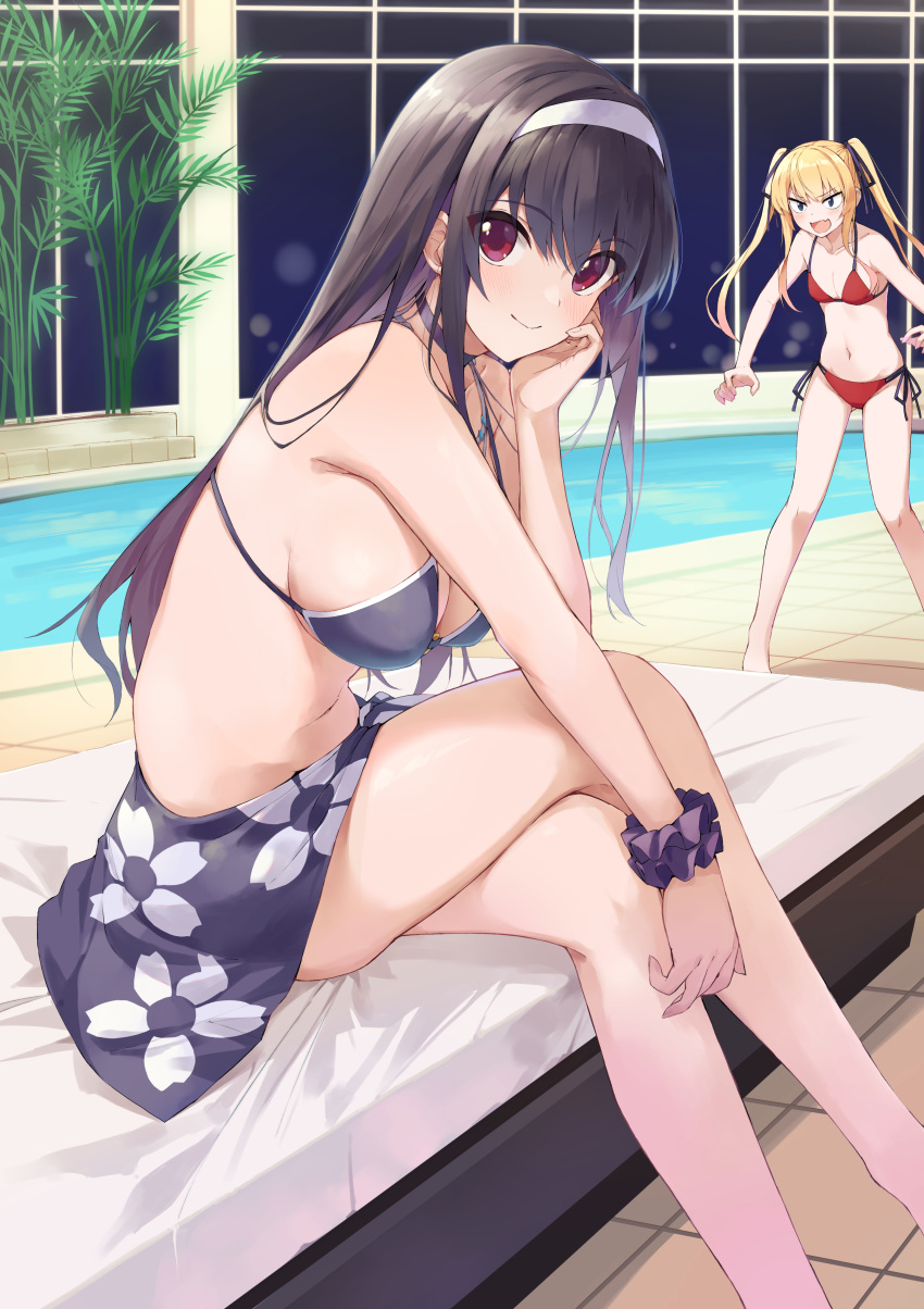 2girls absurdres bikini black_bikini black_choker black_hair blonde_hair breasts choker closed_mouth crossed_legs elbow_rest fang hairband highres indoors kasumigaoka_utaha large_breasts long_hair looking_at_another looking_at_viewer multiple_girls navel open_mouth poolside red_bikini red_eyes saenai_heroine_no_sodatekata sarong sawamura_spencer_eriri scrunchie sitting small_breasts smile solo_focus stomach swimsuit thighs twintails v-shaped_eyebrows white_hairband window wrist_scrunchie yanagi_marie