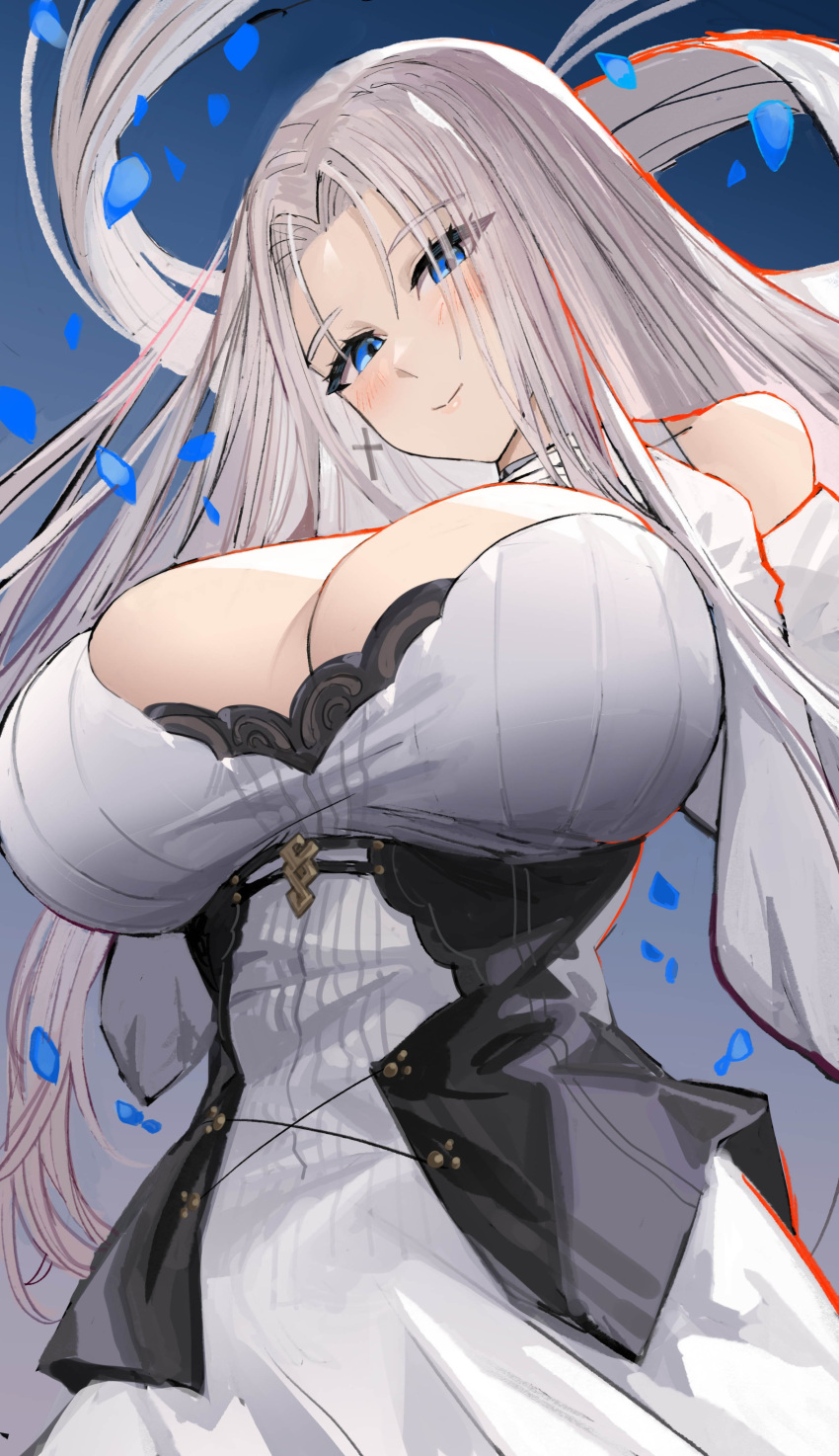 1girl absurdres azur_lane bare_shoulders blue_eyes blush breasts cleavage clothing_cutout cross cross_earrings detached_sleeves dress earrings highres huge_breasts jewelry kaki_z3 long_hair looking_at_viewer parted_bangs shoulder_cutout solo two-tone_dress upper_body white_hair yorktown_(azur_lane) yorktown_ii_(azur_lane)