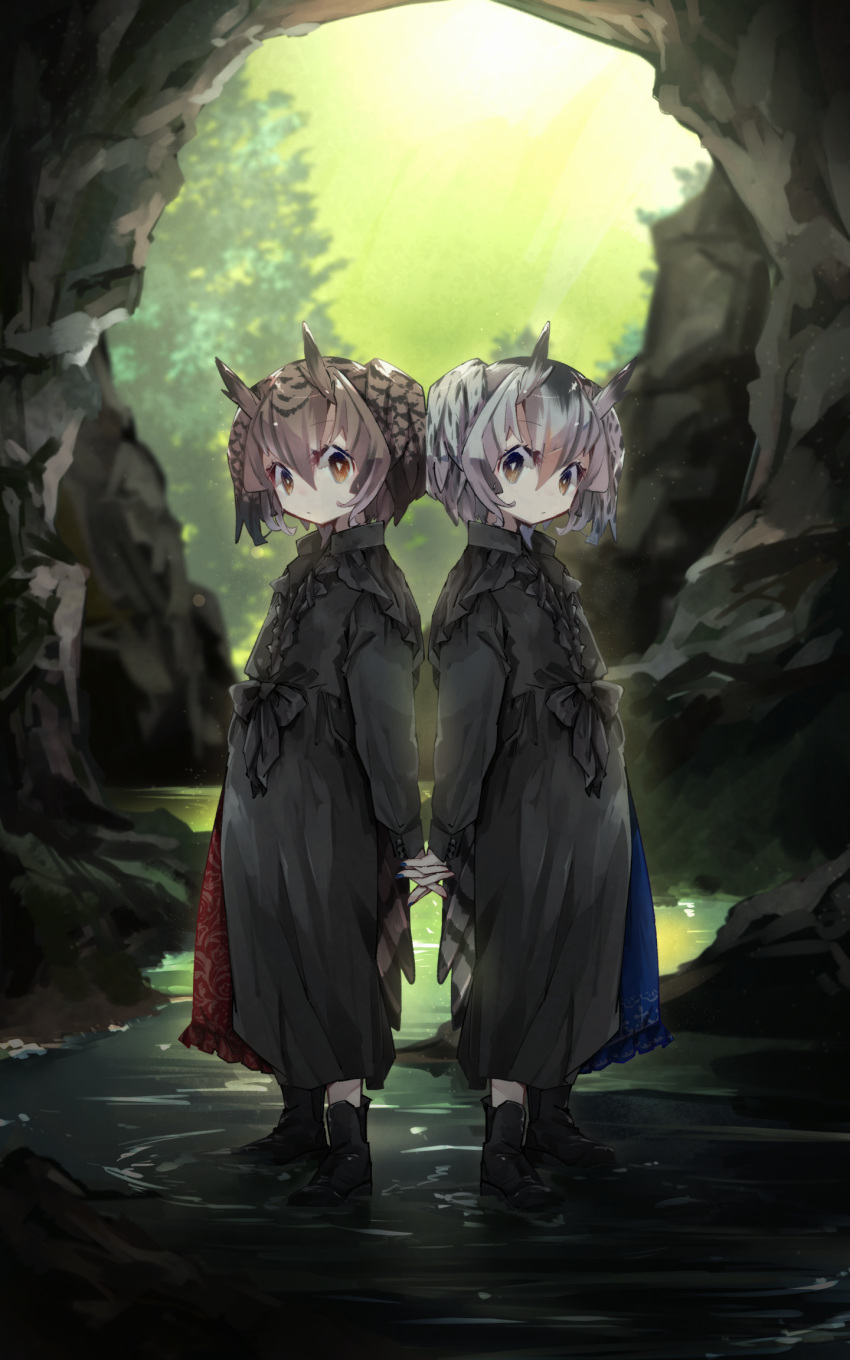 2girls alternate_costume back-to-back bird_tail black_footwear boots brown_eyes brown_hair cave commentary eurasian_eagle_owl_(kemono_friends) full_body grey_hair hair_between_eyes head_wings highres holding_hands interlocked_fingers kemono_friends long_sleeves looking_at_viewer multiple_girls nanana_(nanana_iz) northern_white-faced_owl_(kemono_friends) tail water wings