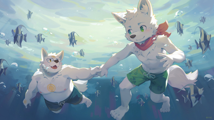 2boys :3 abs absurdres air_bubble animal_nose ascot bara barefoot belly blush body_fur bubble chest_tattoo closed_mouth eye_contact fangs fangs_out fish forehead_tattoo full_body furry furry_male furry_with_furry green_eyes hand_tattoo highres holding_hands large_pectorals looking_at_another male_focus male_swimwear multiple_boys muscular muscular_male navel_hair neck_fur nipples open_mouth original pectorals plump red_ascot seamonsterping size_difference swim_trunks swimming tail tattoo toned toned_male topless_male tropical_fish underwater white_fur wolf_boy yaoi yellow_eyes