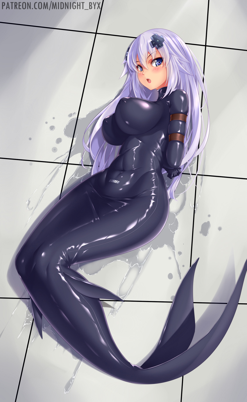 1girl adult_neptune bodysuit breasts choujigen_game_neptune d-pad d-pad_hair_ornament dress encasement hair_ornament highres impossible_bodysuit impossible_clothes large_breasts latex latex_bodysuit long_hair looking_at_viewer mermaid_costume midnight_(banyex) monofin neptune_(series) open_mouth purple_eyes purple_hair restrained solo tight tight_dress very_long_hair